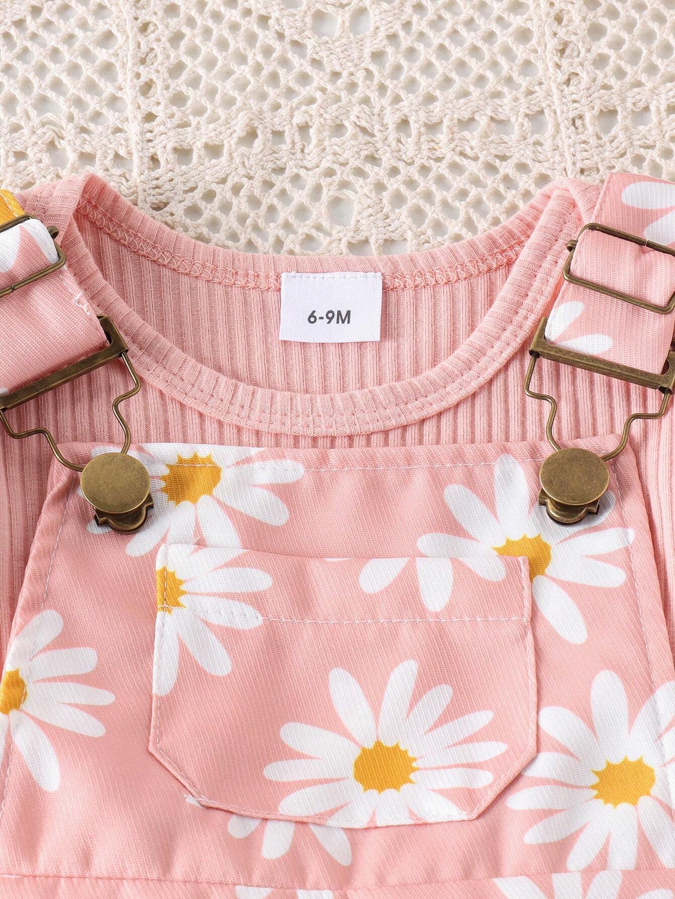  | 2pcs Baby Girls' Cute Short Sleeve Ruffle Bodysuit And Flower Print Overalls Set | Dress | Shein | OneHub