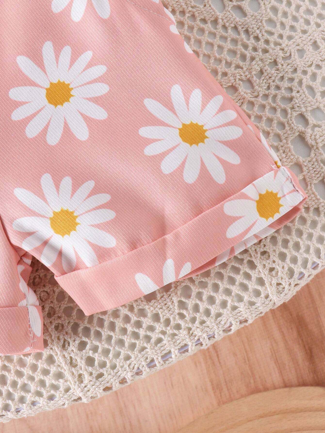  | 2pcs Baby Girls' Cute Short Sleeve Ruffle Bodysuit And Flower Print Overalls Set | Dress | Shein | OneHub
