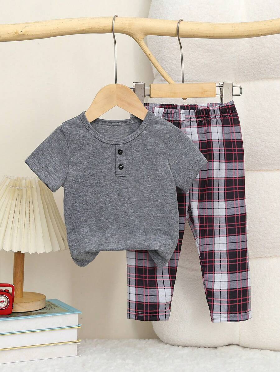  | SHEIN 2pcs Baby/Toddler Boys Casual Gray Short Sleeve Top And Plaid Shorts Set Home Clothing | Dress | Shein | OneHub