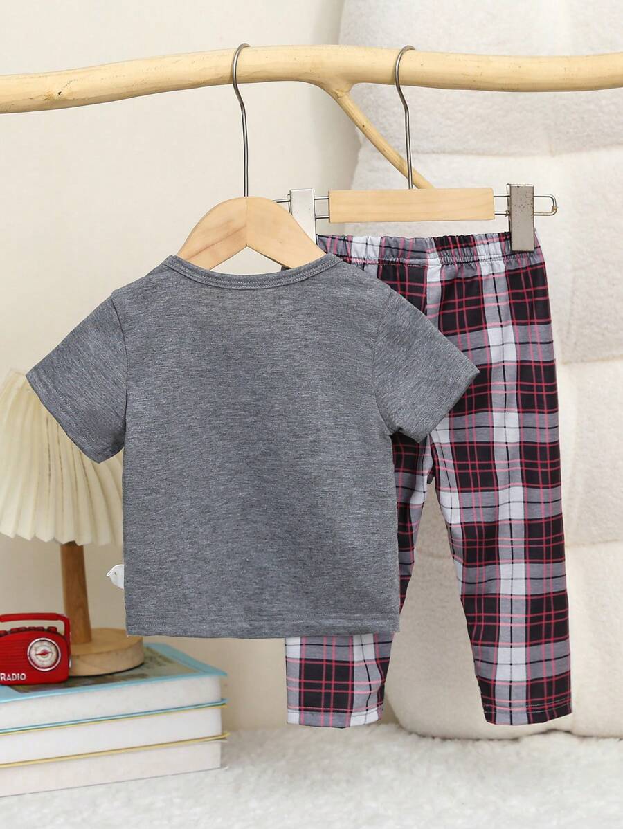  | SHEIN 2pcs Baby/Toddler Boys Casual Gray Short Sleeve Top And Plaid Shorts Set Home Clothing | Dress | Shein | OneHub