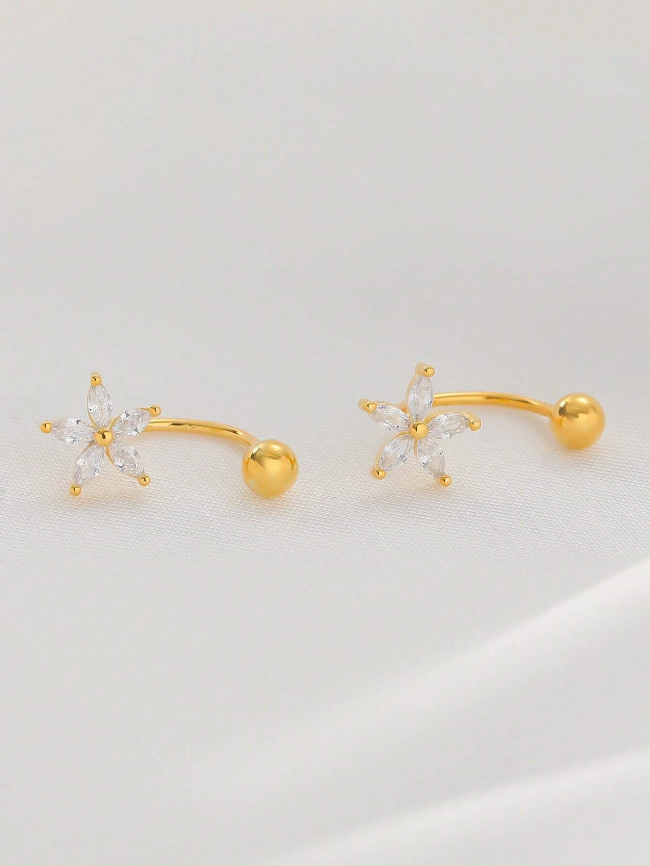 SHEIN 2pcs Cubic Zirconia Flower C-Shaped Ear Stud Screw Bone Earrings For Women, Suitable For Daily Life And Date, As Gift Valentines,Mom,Mother,Mother's Day,Gift