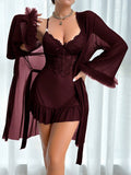 SHEIN 2pcs Set: Fishbone Style Cinch Waist Lace Cami Nightgown & Wide Sleeve Mesh Robe