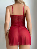 | SHEIN 2pcs Set Mature Sexy Red Lace Contrast Mesh Split Nightgown And G-String Lingerie | Night Dress | Shein | OneHub