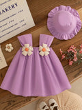 SHEIN 2pcs/Set Summer Baby Girls' Solid Color 3D Floral Decor Sweet Sling Dress And Hat