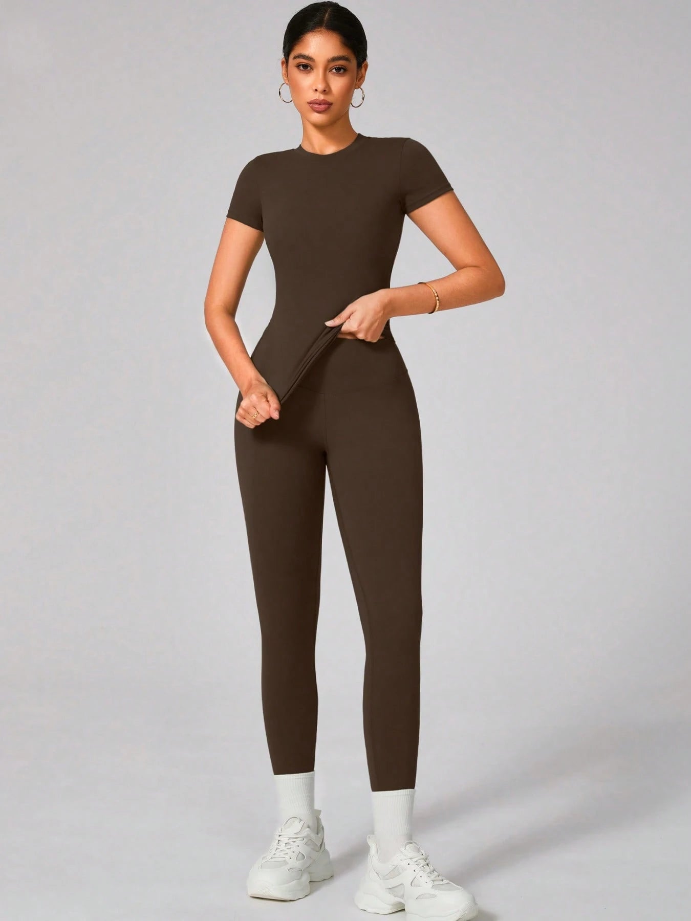  | SHEIN 2pcs Women Soft Moisture Wicking Crew Neck Short Sleeve Top And Elastic Yoga Sports Pants | Leggings | Shein | OneHub