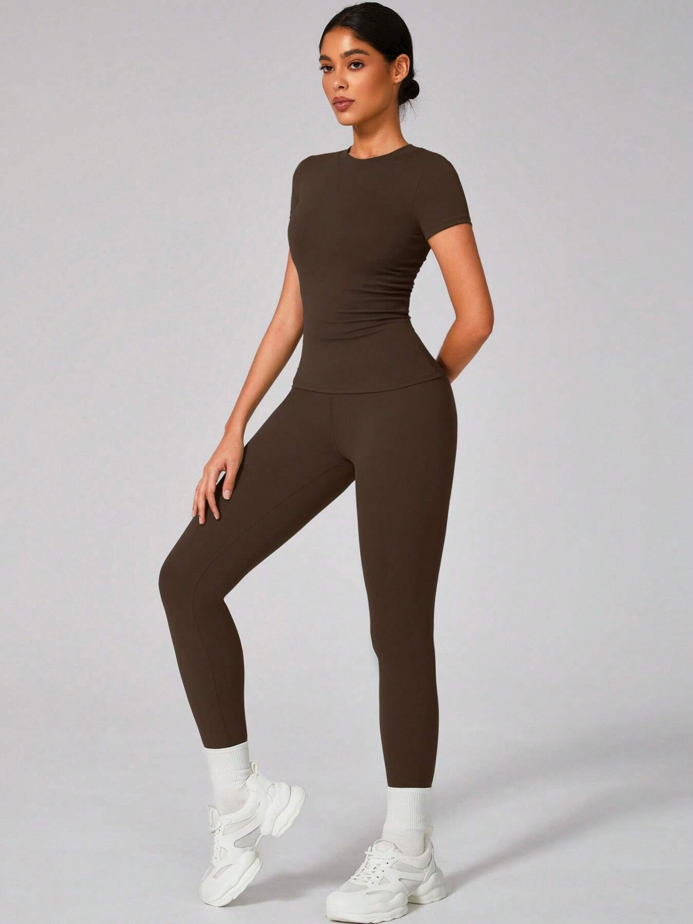  | SHEIN 2pcs Women Soft Moisture Wicking Crew Neck Short Sleeve Top And Elastic Yoga Sports Pants | Leggings | Shein | OneHub