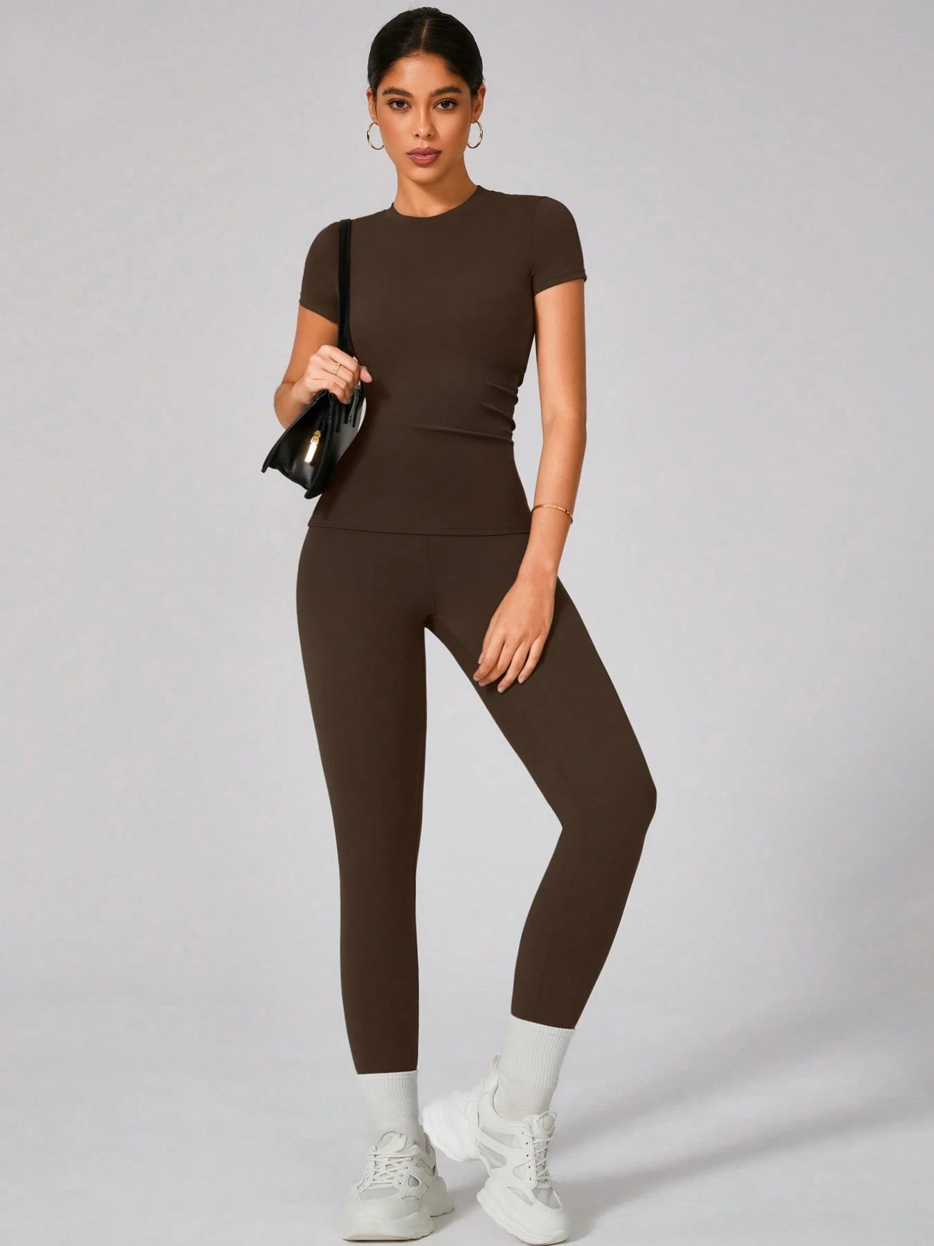  | SHEIN 2pcs Women Soft Moisture Wicking Crew Neck Short Sleeve Top And Elastic Yoga Sports Pants | Leggings | Shein | OneHub