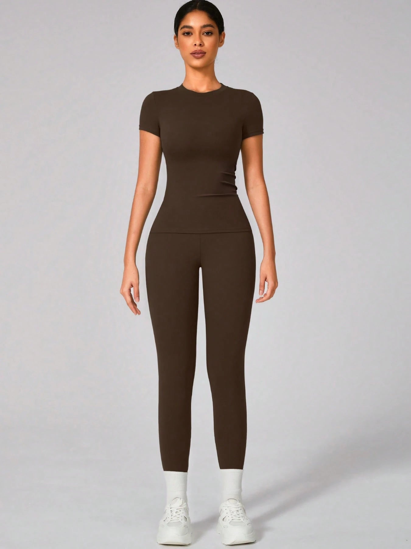  | SHEIN 2pcs Women Soft Moisture Wicking Crew Neck Short Sleeve Top And Elastic Yoga Sports Pants | Leggings | Shein | OneHub