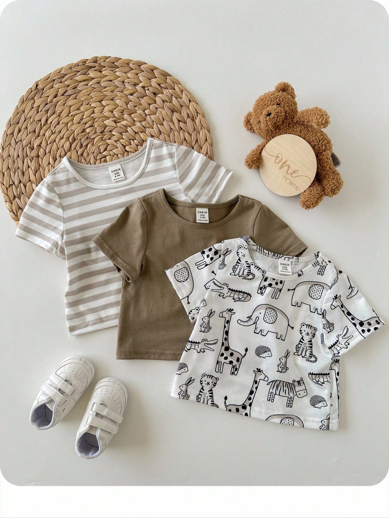 SHEIN 3-Piece Soft Knit Crew Neck Short Sleeve Tops Set For Baby Boy Or Baby Girl Graphic