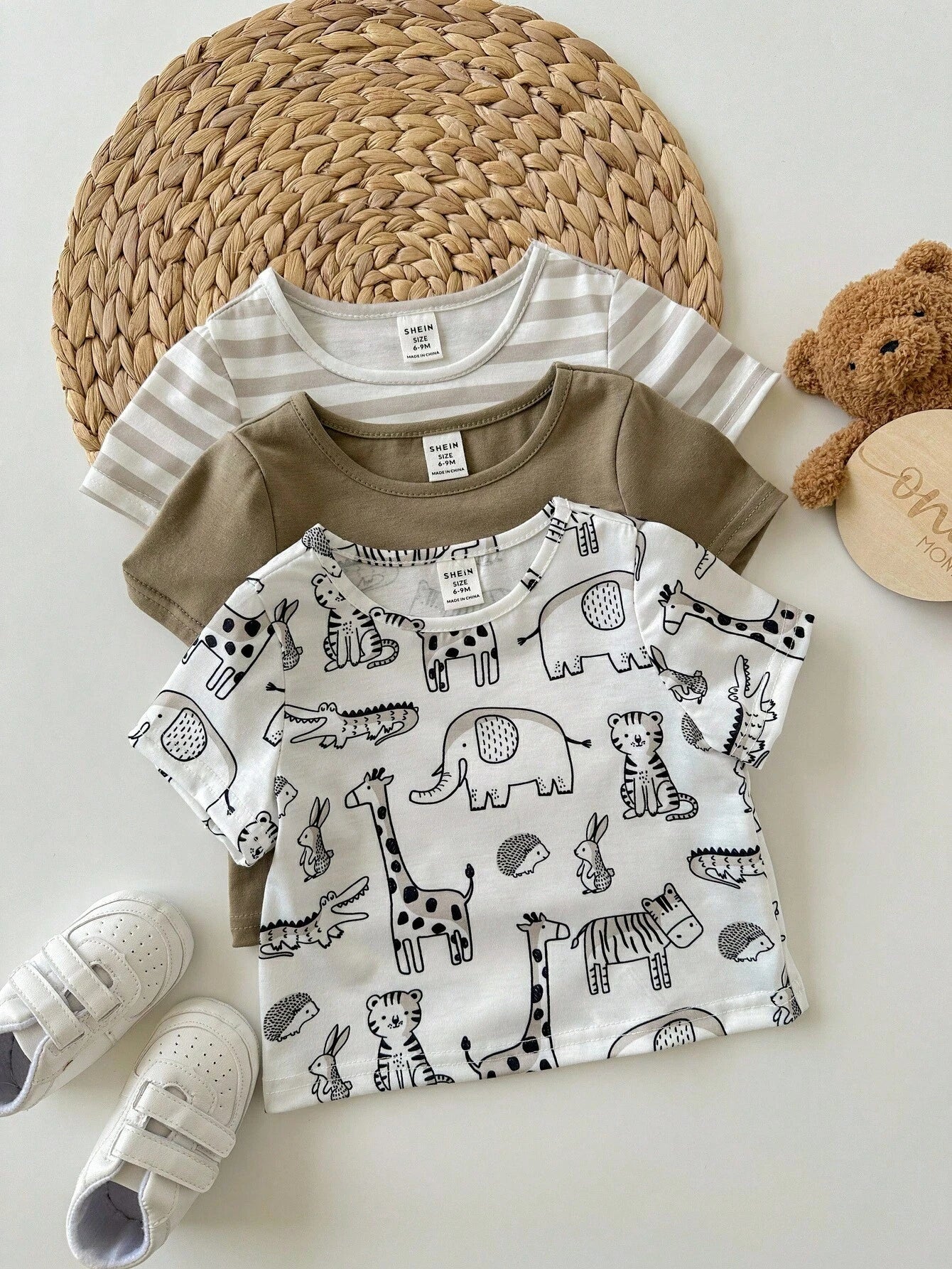 SHEIN 3-Piece Soft Knit Crew Neck Short Sleeve Tops Set For Baby Boy Or Baby Girl Graphic