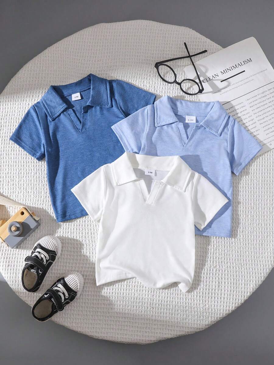 SHEIN 3pcs Baby Boy Solid Color Polo Shirt Short Sleeve Set, Summer