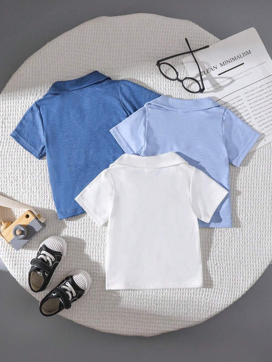 SHEIN 3pcs Baby Boy Solid Color Polo Shirt Short Sleeve Set, Summer