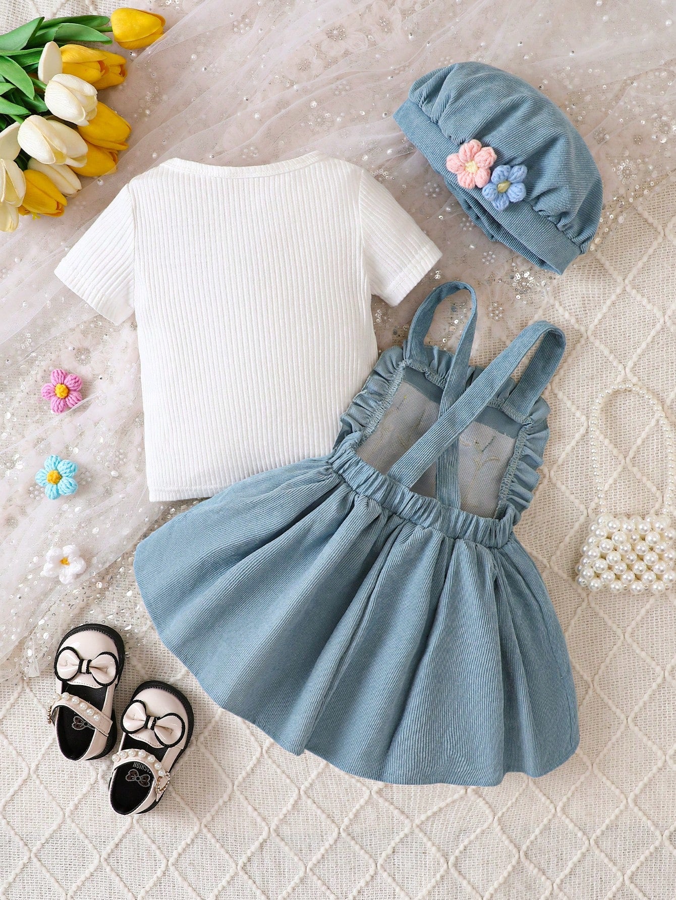  | SHEIN 3pcs Baby Girls' Solid Ribbed Texture Short Sleeve T-shirt And Corduroy Dress With 3d Flower Applique And Hat | Dress | Shein | OneHub