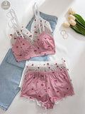 SHEIN 3pcs/Set Women Cherry Printed Ruffled Trim Lingerie Bra And Panties Set
