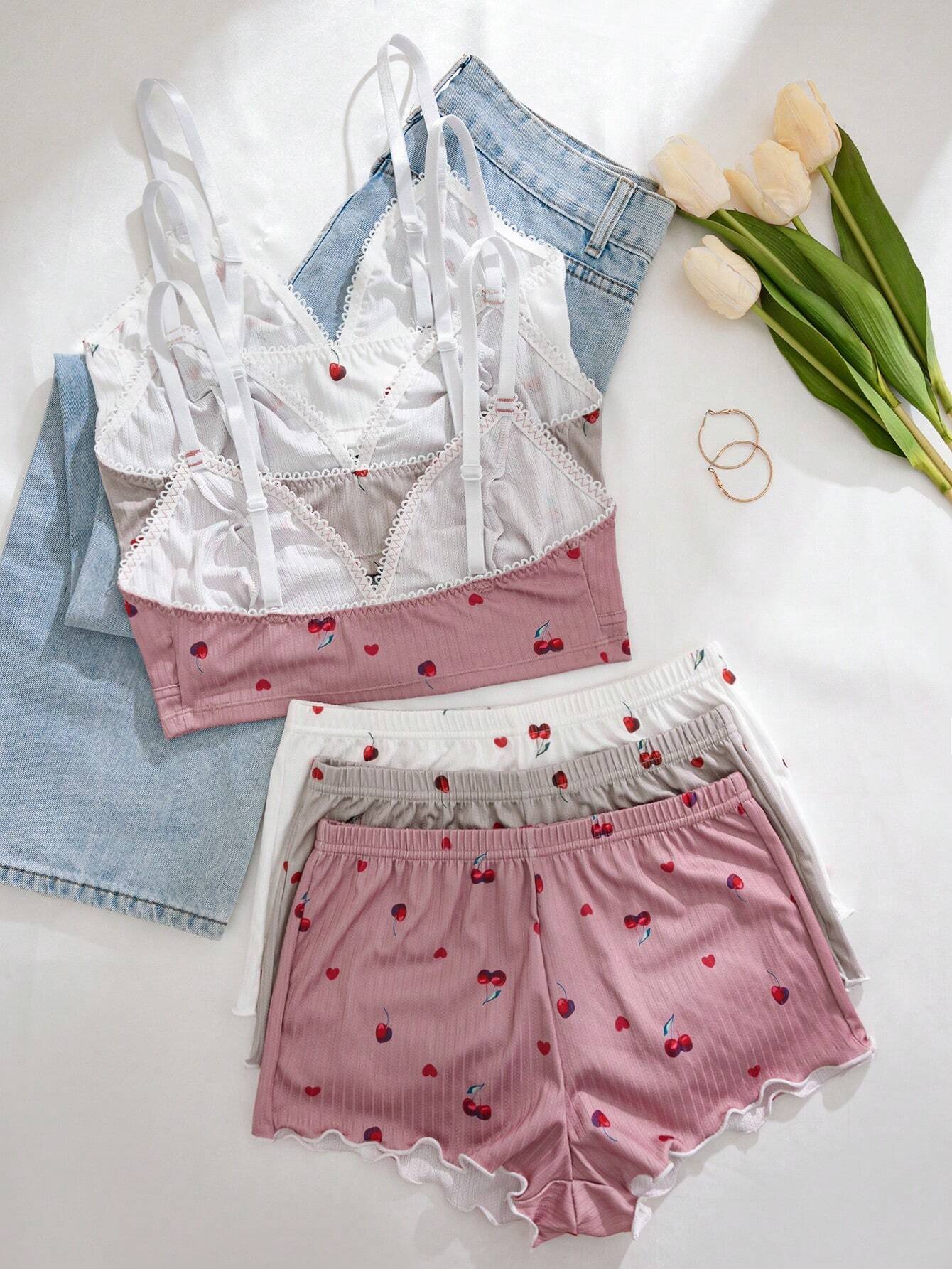 SHEIN 3pcs/Set Women Cherry Printed Ruffled Trim Lingerie Bra And Panties Set
