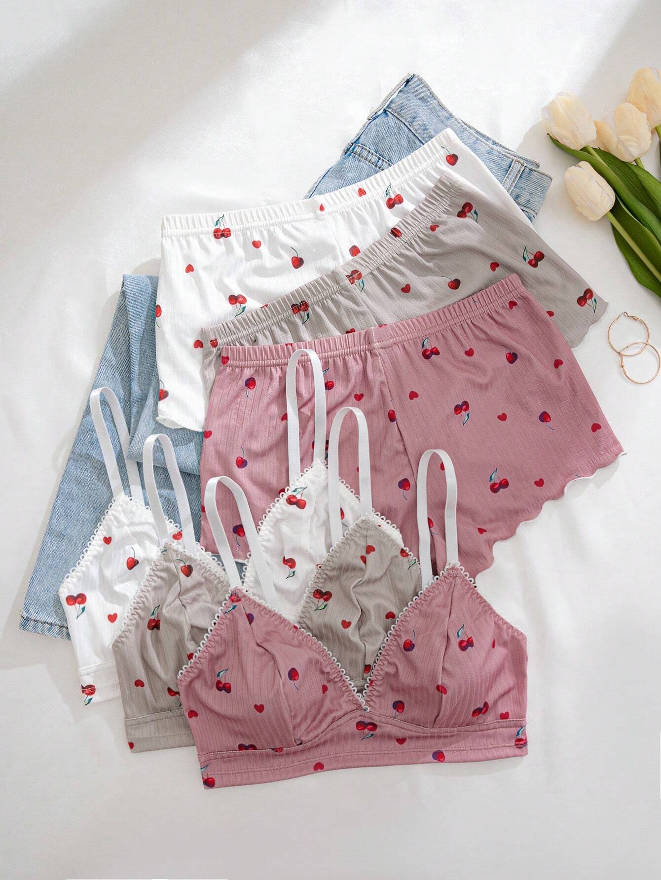 SHEIN 3pcs/Set Women Cherry Printed Ruffled Trim Lingerie Bra And Panties Set
