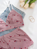 SHEIN 3pcs/Set Women Cherry Printed Ruffled Trim Lingerie Bra And Panties Set
