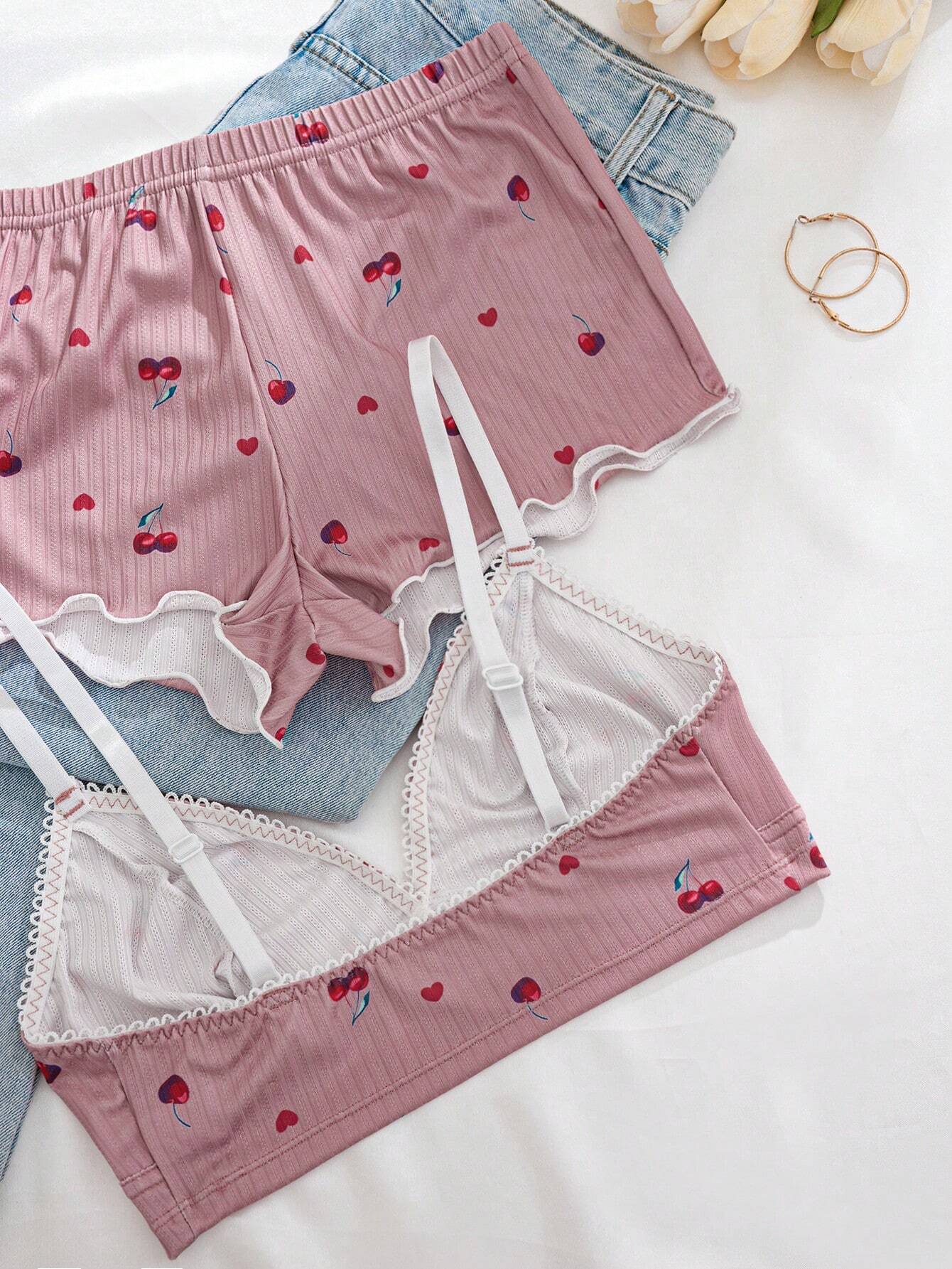 SHEIN 3pcs/Set Women Cherry Printed Ruffled Trim Lingerie Bra And Panties Set