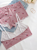 SHEIN 3pcs/Set Women Cherry Printed Ruffled Trim Lingerie Bra And Panties Set