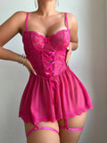  | SHEIN 3pcs Women Pink Sexy Lingerie Set (Underwire Garter Slip Dress, Detachable Garter Strap, Thong Panty) | Bodysuit | Shein | OneHub