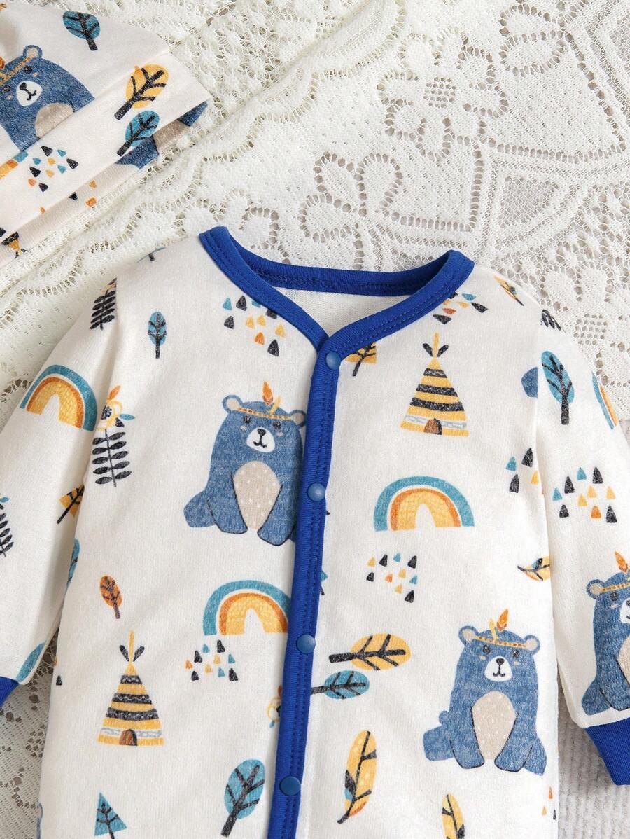  | SHEIN 4pcs/Set Baby Boys' Rainbow Bear Print Long Sleeve Romper, Hat, Bib, Mittens | dress | Shein | OneHub