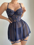  | SHEIN 4pcs Set: Lace & Mesh Splice Solid Color Camisole Nightgown With Underwire + Detachable Garter Leg Rings + Thong Panty | Night Dress | Shein | OneHub