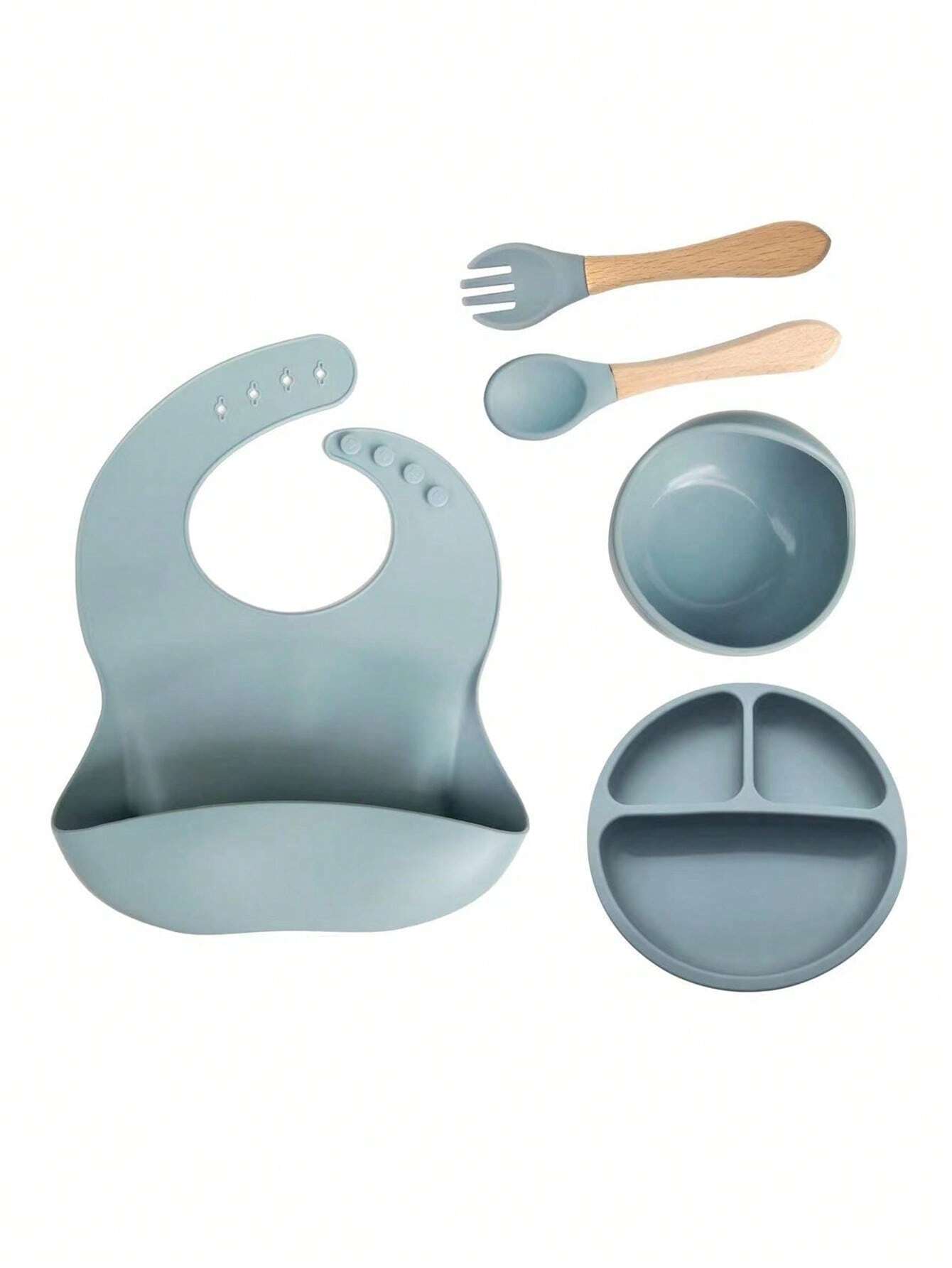  | SHEIN 5pcs Baby Feeding Set - Silicone Bib, Suction Bowl, Spoon, Fork, Suitable For Dishwasher | Bags | Shein | OneHub