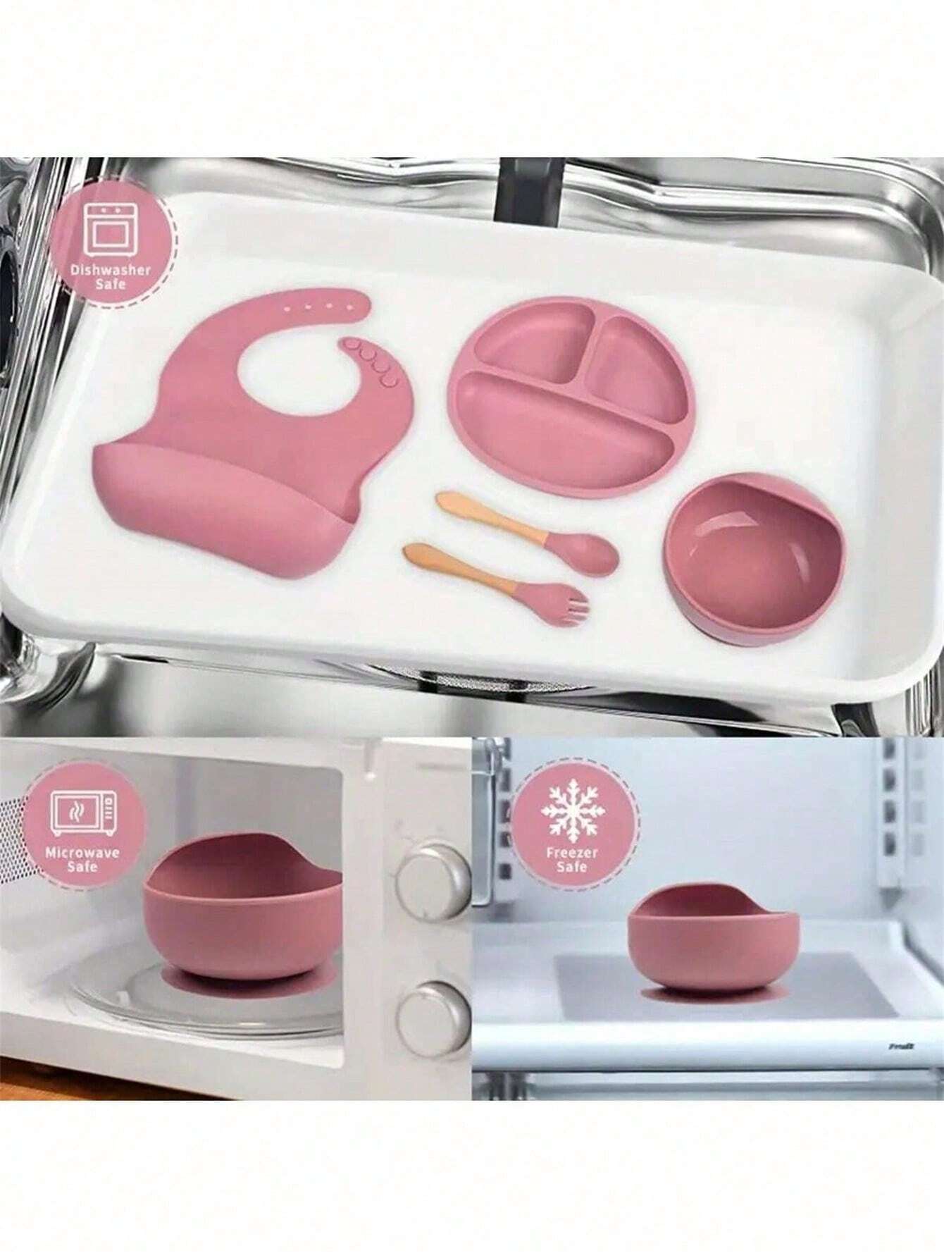  | SHEIN 5pcs Baby Feeding Set - Silicone Bib, Suction Bowl, Spoon, Fork, Suitable For Dishwasher | Bags | Shein | OneHub