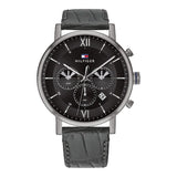Tommy Hilfiger Evan Grey Leather Strap Black Dial Chronograph Quartz Watch for Men - 1710395