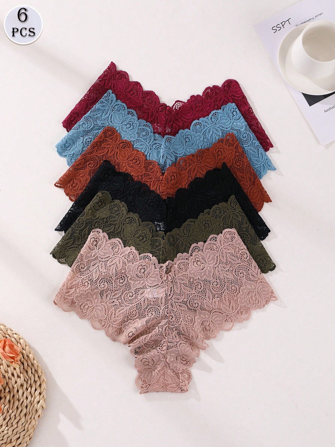 SHEIN 6 PCS Women's Sexy Lace Panties Mid Waist Seamless Briefs Tummy Control &Butt Lifter Stretch Underwear Stripe Lingerie