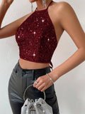  | SHEIN Allurite Summer Sexy Backless Sequin Halter Neck Top For New Year Holiday Party Clothes | Top | Shein | OneHub