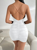 SHEIN Allurite Women Elegant Backless V-Neck Tight White Valentine's Day Short Sleeveless Ruched Mini Dress