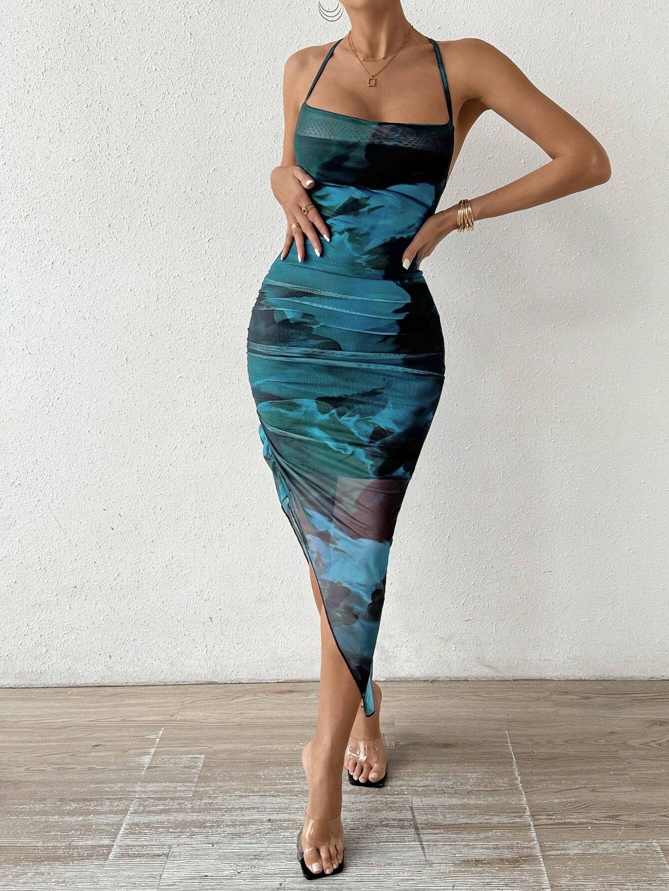  | SHEIN Allurite Women's Floral Print Ruffle Asymmetric Hem Backless Halter Neck Dress Maxi Women Outfit | Dress | Shein | OneHub