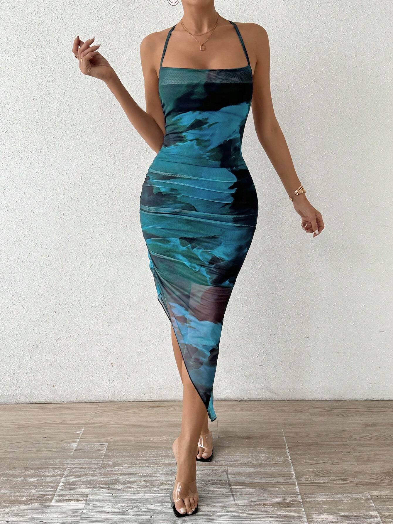  | SHEIN Allurite Women's Floral Print Ruffle Asymmetric Hem Backless Halter Neck Dress Maxi Women Outfit | Dress | Shein | OneHub