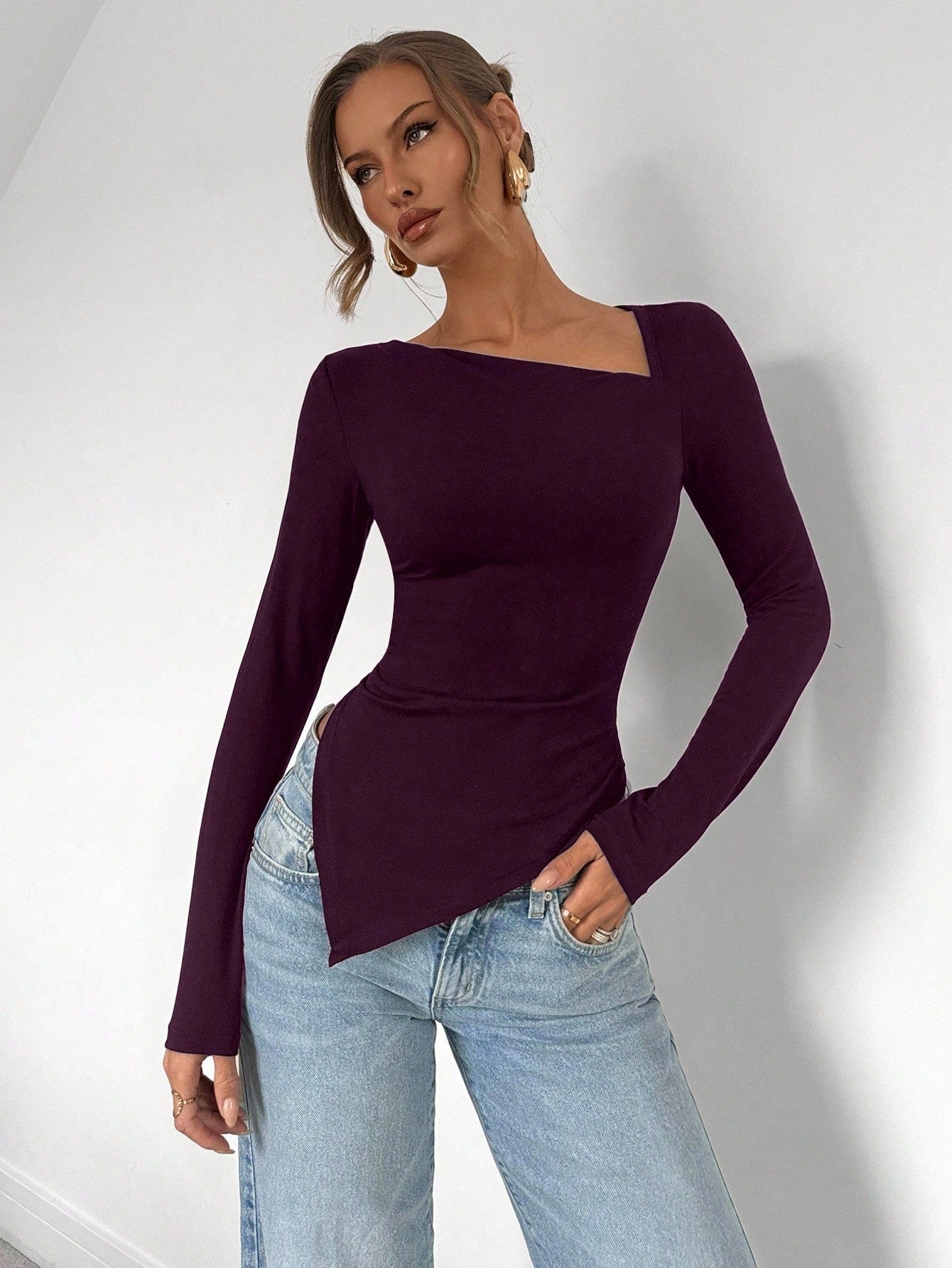 SHEIN Almamuse Christmas Asymmetrical Hem Long Sleeve Solid Color T-Shirt Top , Minimalist Fashion For Casual Daily Wear Basic Long Sleeve Topslong Sleeve Black Topwomen Long Sleeve Topsblack Top Long Sleeve