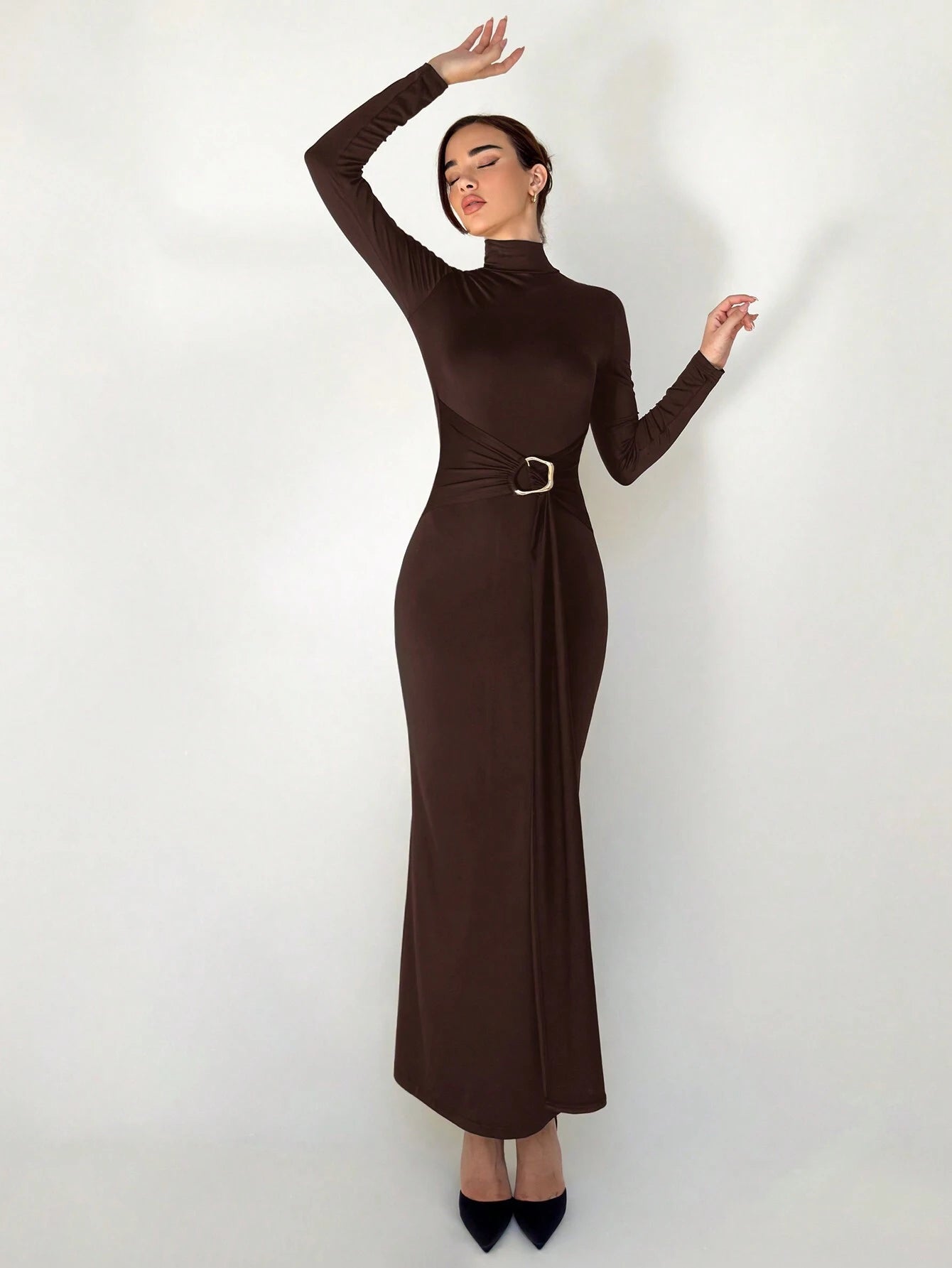  | SHEIN Aloruh Autumn/Winter New Slim Fit Warm Stand Collar Long Sleeve Cinched Waist Extra-Long Versatile Knit Dress | Dress | Shein | OneHub