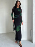 SHEIN Aloruh Elegant Boat Neckline Long Sleeve Tie Dye Mesh Print Cocktail Party Dress