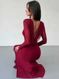 SHEIN Aloruh Elegant Dresses For Party Sexy Wine Red Romantic Date Party Long Sleeve Bodycon Backless Plunging Neck Maxi Mesh Dress For Women,Prom Dress,Fall Wedding Guest Dress