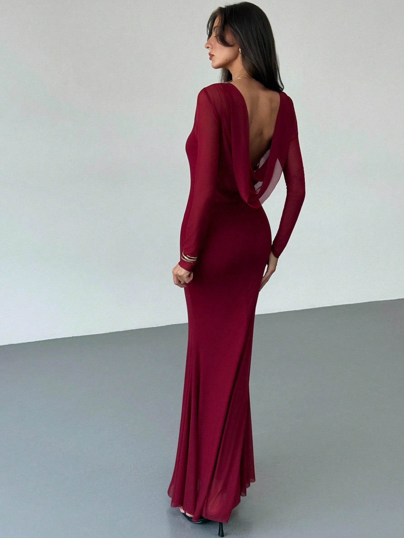 SHEIN Aloruh Elegant Dresses For Party Sexy Wine Red Romantic Date Party Long Sleeve Bodycon Backless Plunging Neck Maxi Mesh Dress For Women,Prom Dress,Fall Wedding Guest Dress