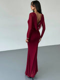 SHEIN Aloruh Elegant Dresses For Party Sexy Wine Red Romantic Date Party Long Sleeve Bodycon Backless Plunging Neck Maxi Mesh Dress For Women,Prom Dress,Fall Wedding Guest Dress