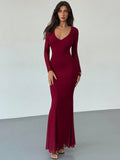 SHEIN Aloruh Elegant Dresses For Party Sexy Wine Red Romantic Date Party Long Sleeve Bodycon Backless Plunging Neck Maxi Mesh Dress For Women,Prom Dress,Fall Wedding Guest Dress
