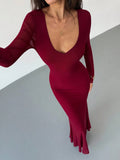 SHEIN Aloruh Elegant Dresses For Party Sexy Wine Red Romantic Date Party Long Sleeve Bodycon Backless Plunging Neck Maxi Mesh Dress For Women,Prom Dress,Fall Wedding Guest Dress