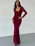 SHEIN Aloruh Elegant Dresses For Party Sexy Wine Red Romantic Date Party Long Sleeve Bodycon Backless Plunging Neck Maxi Mesh Dress For Women,Prom Dress,Fall Wedding Guest Dress