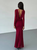 SHEIN Aloruh Elegant Dresses For Party Sexy Wine Red Romantic Date Party Long Sleeve Bodycon Backless Plunging Neck Maxi Mesh Dress For Women,Prom Dress,Fall Wedding Guest Dress