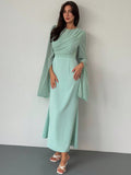 SHEIN Aloruh Elegant Green Party Dress For Women High-End Party Long Sleeve Round Neck Ruched Fitted Dress For Women, Autumn/Winter