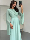 SHEIN Aloruh Elegant Green Party Dress For Women High-End Party Long Sleeve Round Neck Ruched Fitted Dress For Women, Autumn/Winter