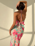 SHEIN Aloruh Elegant Pink Floral Print Beach Vacation Party Bodycon Dress With Plunging Neckline, Backless Bowknot