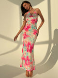 SHEIN Aloruh Elegant Pink Floral Print Beach Vacation Party Bodycon Dress With Plunging Neckline, Backless Bowknot