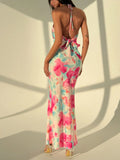 SHEIN Aloruh Elegant Pink Floral Print Beach Vacation Party Bodycon Dress With Plunging Neckline, Backless Bowknot