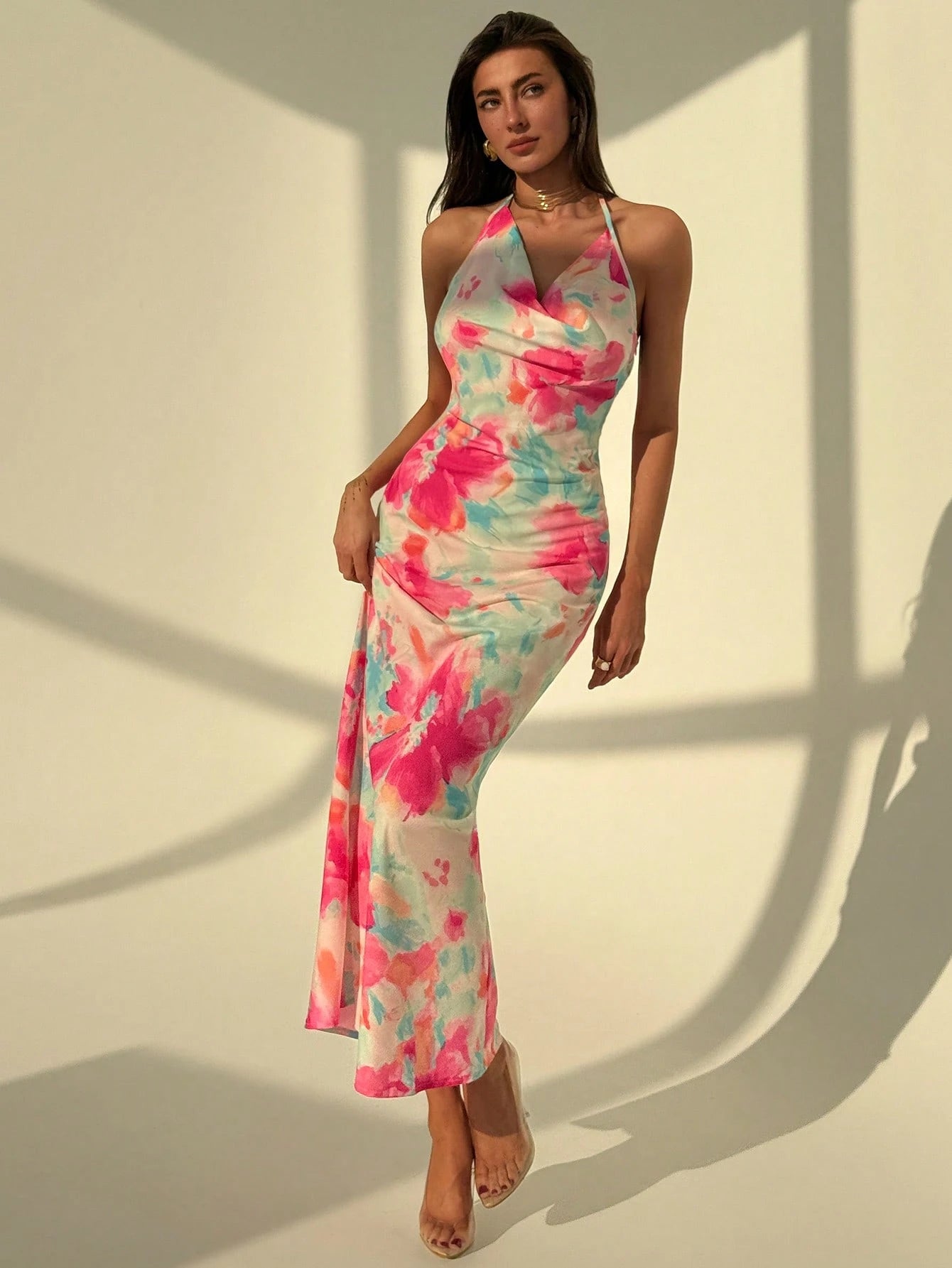 SHEIN Aloruh Elegant Pink Floral Print Beach Vacation Party Bodycon Dress With Plunging Neckline, Backless Bowknot